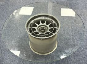 Race wheel coffee table, generally excellent to good plus, used Rays Engineering alloy wheel approx.