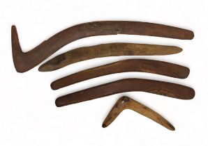 Aboriginal Boomerangs. 5 in total one large hunting boomerang 75cm x 20cm with unusual striated