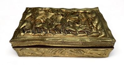 Carved decorative wooden trinket box with antelope design, overpainted with gilt gold colour. Height