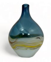 Voyage, large round Elemental Voyage blue glass vase with multicoloured marble band pattern above