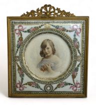 French 20th Century hand painted porcelain faced standing picture frame, with hand painted floral