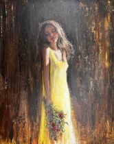 Sarah Allford (British, Contemporary), oil on canvas of a female figure wearing a yellow dress.