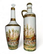 Limoges, pair of hand painted liquor bottles featuring hunting scenes, with gold gilt surround