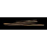 Aboriginal Spears, 5 in all, three throwing spears, lengths 209cm, 202 cm, and 127 cm. Two fishing