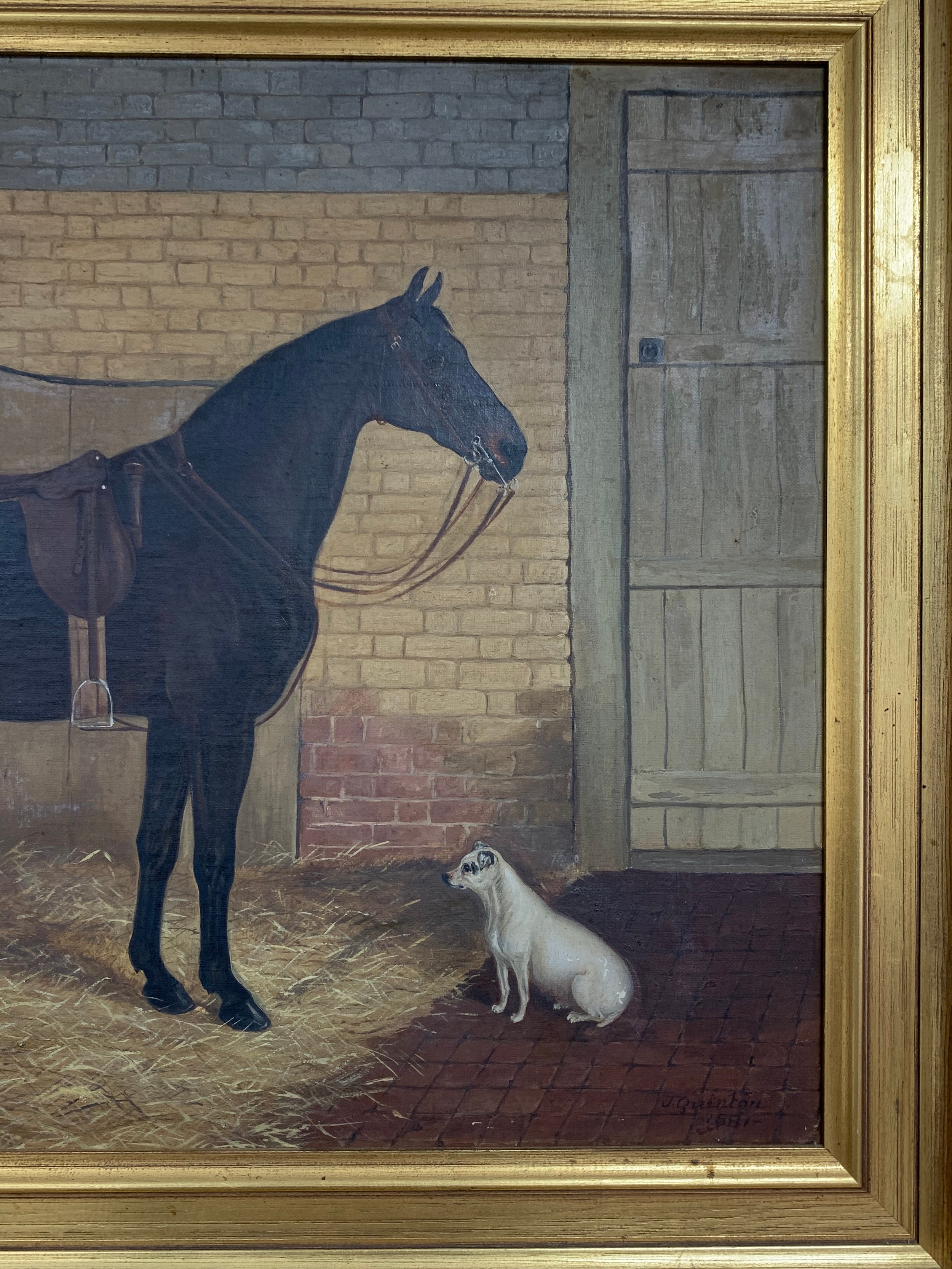 J Quinton (British, 19th Century), Stallion and dog in a stable, oil on canvas. Signed to lower - Image 10 of 10