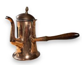 18th / 19th Century copper chocolate pot, with turned wooden handle. Heart shaped attachment to