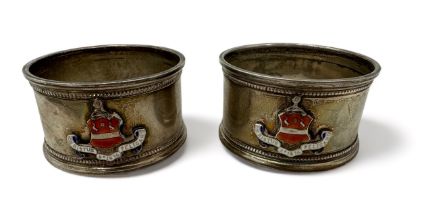 A pair of silver napkin rings with the crest and motto 'Christus Pelicano' for Lechmere Volunteer