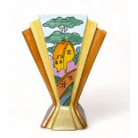 Wedgwood for Bradex, Clarice Cliff reproduction fan shaped vase in Orange Roof Cottage pattern,