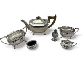 A sterling silver Art Deco teapot of octagonal form raised on four pad feet with marks for Viners,