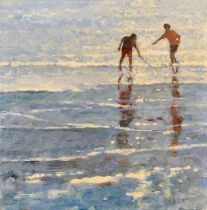 John Hammond (British, 1961-2023), ‘ Falling Light ‘ oil on board seaside image of two boys