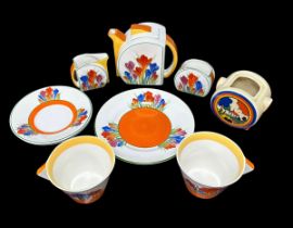 Wedgwood for Bradex, Clarice Cliff reproduction Crocus tea for Tea pattern tea service, two include;