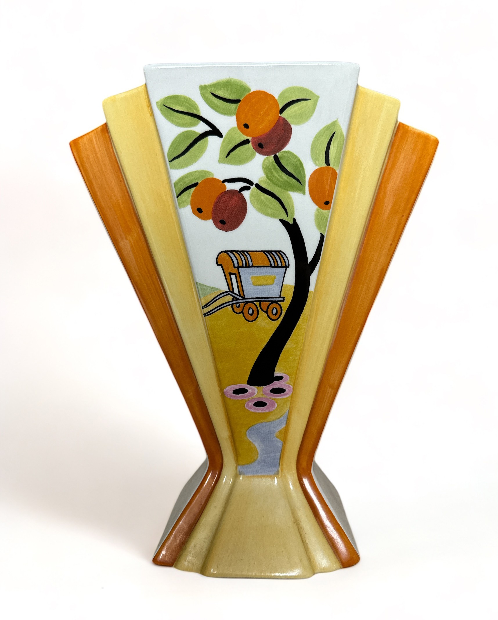 Wedgwood for Bradex, Clarice Cliff reproduction fan shaped vase in Caravan pattern, limited edition.