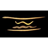 Four Aboriginal Carved Wooden Snakes: The first 92cm in length decorated with poker work dashes