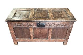 Late 17th Century oak coffer with 3 panel lidded front, w116cm x d50cm x h61cm.