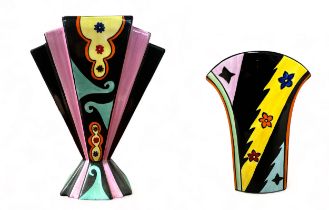 Pauline Tomkinson hand painted Clarice Cliff reproduction style fan shaped vase. Plus, smaller