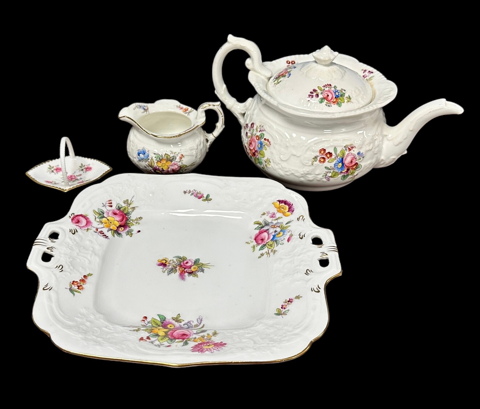 Coalport floral pattern teaset, circa 1900, comprising a teapot, sugar bowl, milk jug, finger - Image 2 of 2