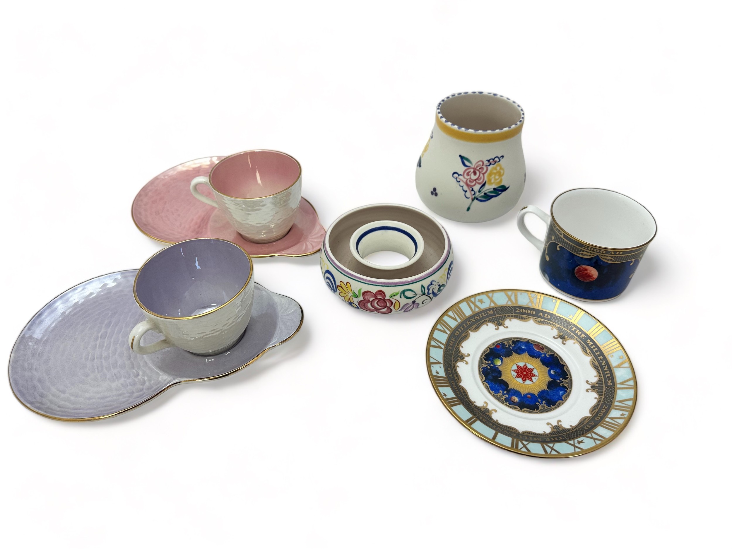 Mixed ceramics - including a Poole pottery vase, a Poole pottery posy ring, two Maling cups and