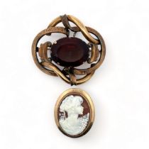 A hallmarked 9ct gold cameo brooch depicting a lady in profile, approx 40mm, 9.5g. And a reddish