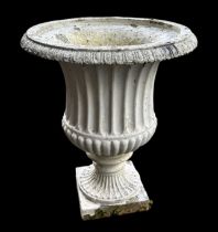 Cast Metal Campana Shaped Garden Urn. With solid base. 51cm height x 42cm diameter. BUYER TO