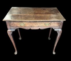 18th Century one drawer oak side table, with moulded edge to top, on cabriole legs, w77cm x d45cm