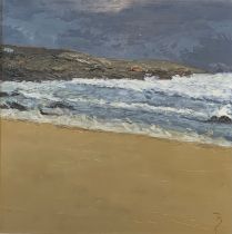 David Beer (British, b.1943), ‘ Ferocious Sea on Porthmeor ‘ oil on board (2000). Signed with