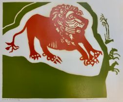 Edward Bawden (British, 1903-1989), Lion and Zebras, linocut in colours, 1989, signed 'Edward