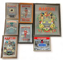 Seven Vintage Alcoholic Spirit Mirror Signs. Gordon's dry gin, Smirnoff, Martini (x2), Beefeater (