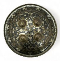 Indian/Persian brass and gilt enamel circular dhal shield, typically domed and centred by four