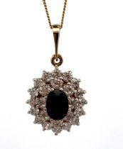 A sapphire and CZ cluster pendant necklace, in hallmarked 9ct gold, on a chain stamped 9ct.