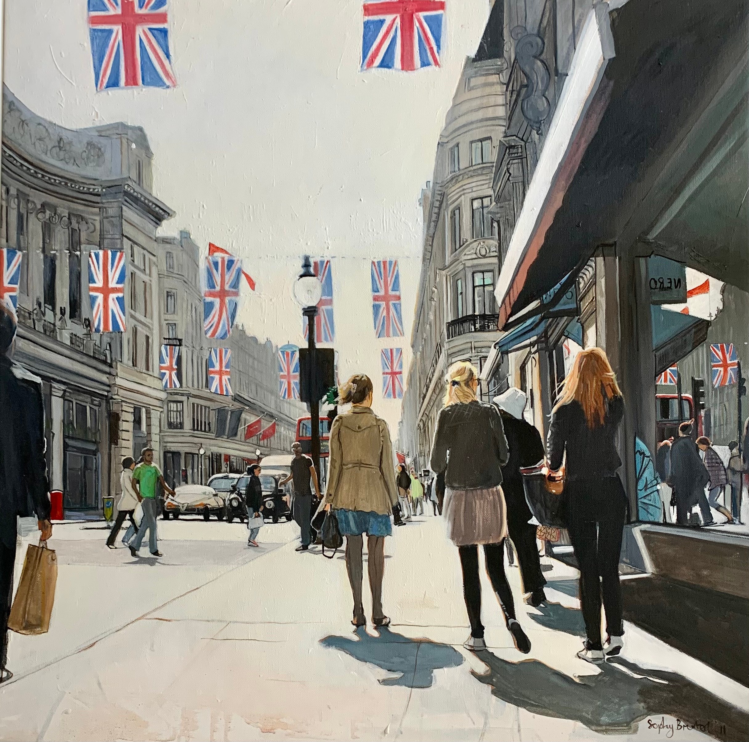 Sophy Bristol (British, Contemporary), large oil on canvas London street scene. Signed to lower