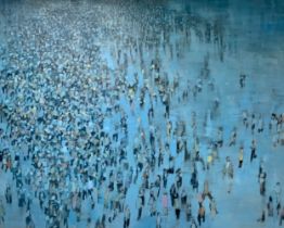 Karen Brighton (British, Contemporary), extensive large-scale oil on canvas crowd scene. Signed