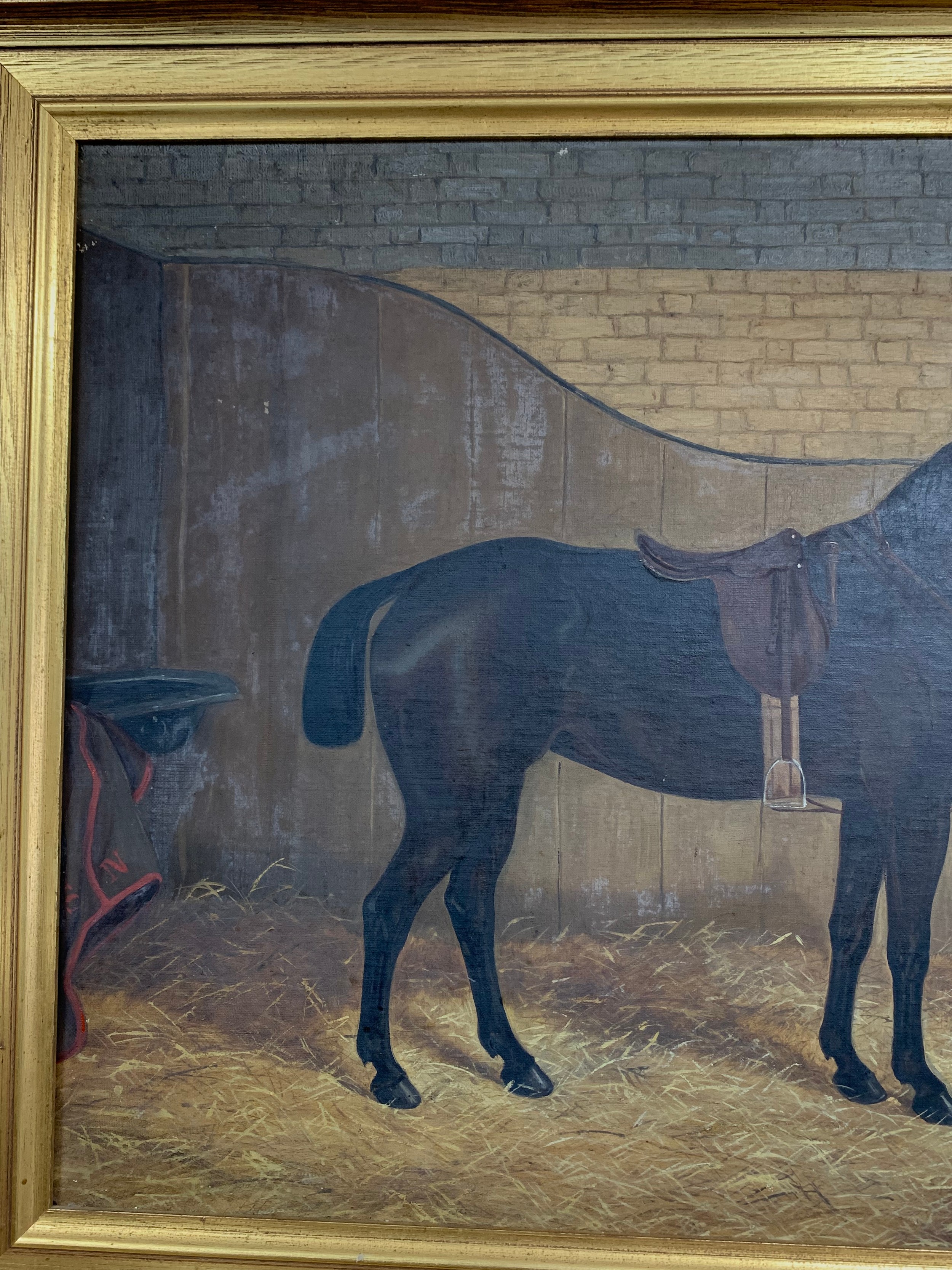 J Quinton (British, 19th Century), Stallion and dog in a stable, oil on canvas. Signed to lower - Image 9 of 10