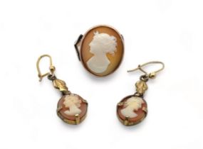 Shell cameo ring and earrings. A cameo ring depicting a lady in profile, size J, stamped 9ct,