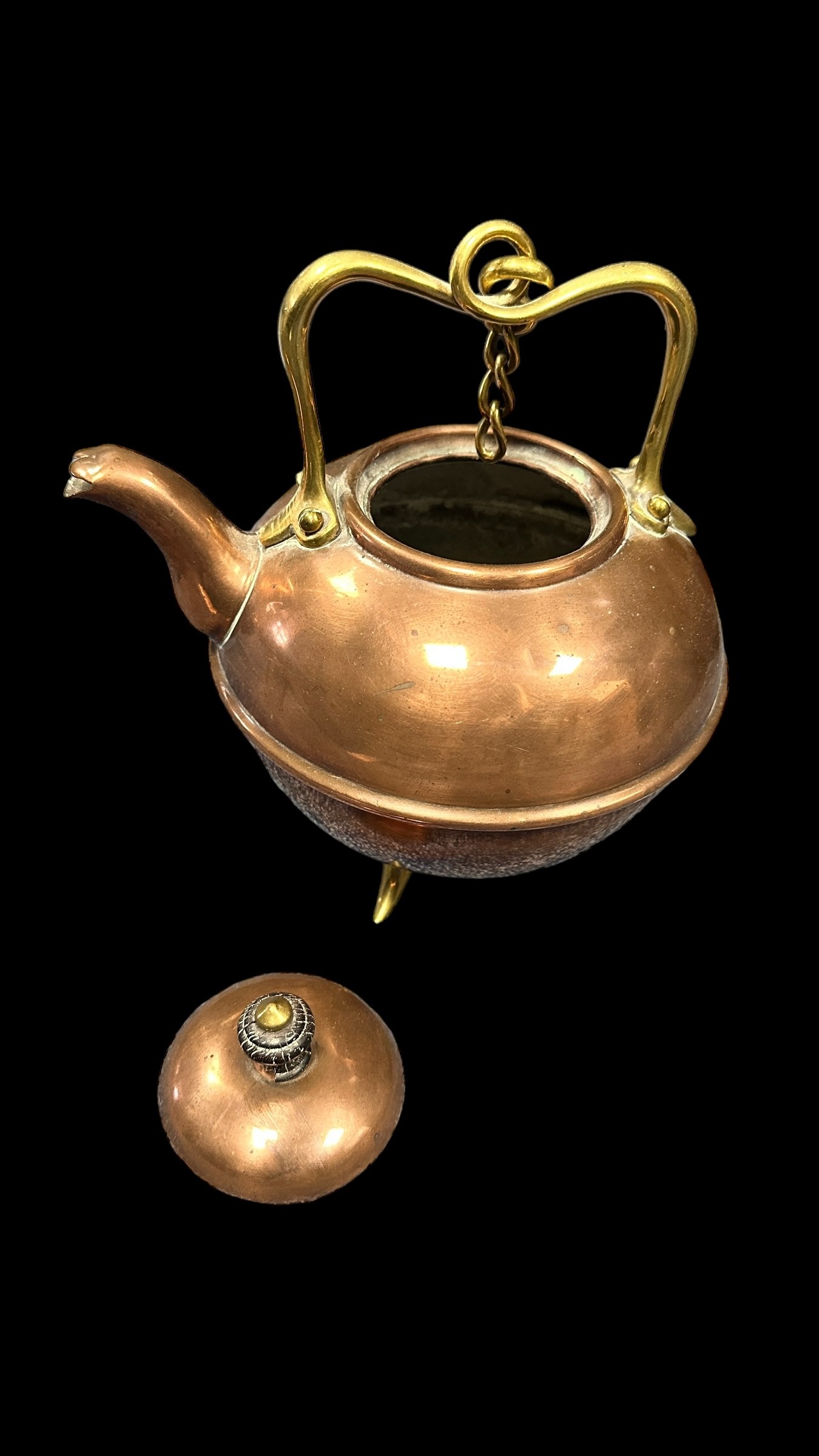 Arts and Crafts brass and copper hanging kettle, stood on three tripod legs. Unsigned. Height 70cm. - Image 3 of 4