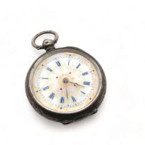 Ladies Swiss made 935 silver key wind pocket watch with beautifully decorated enamel dial. Watch