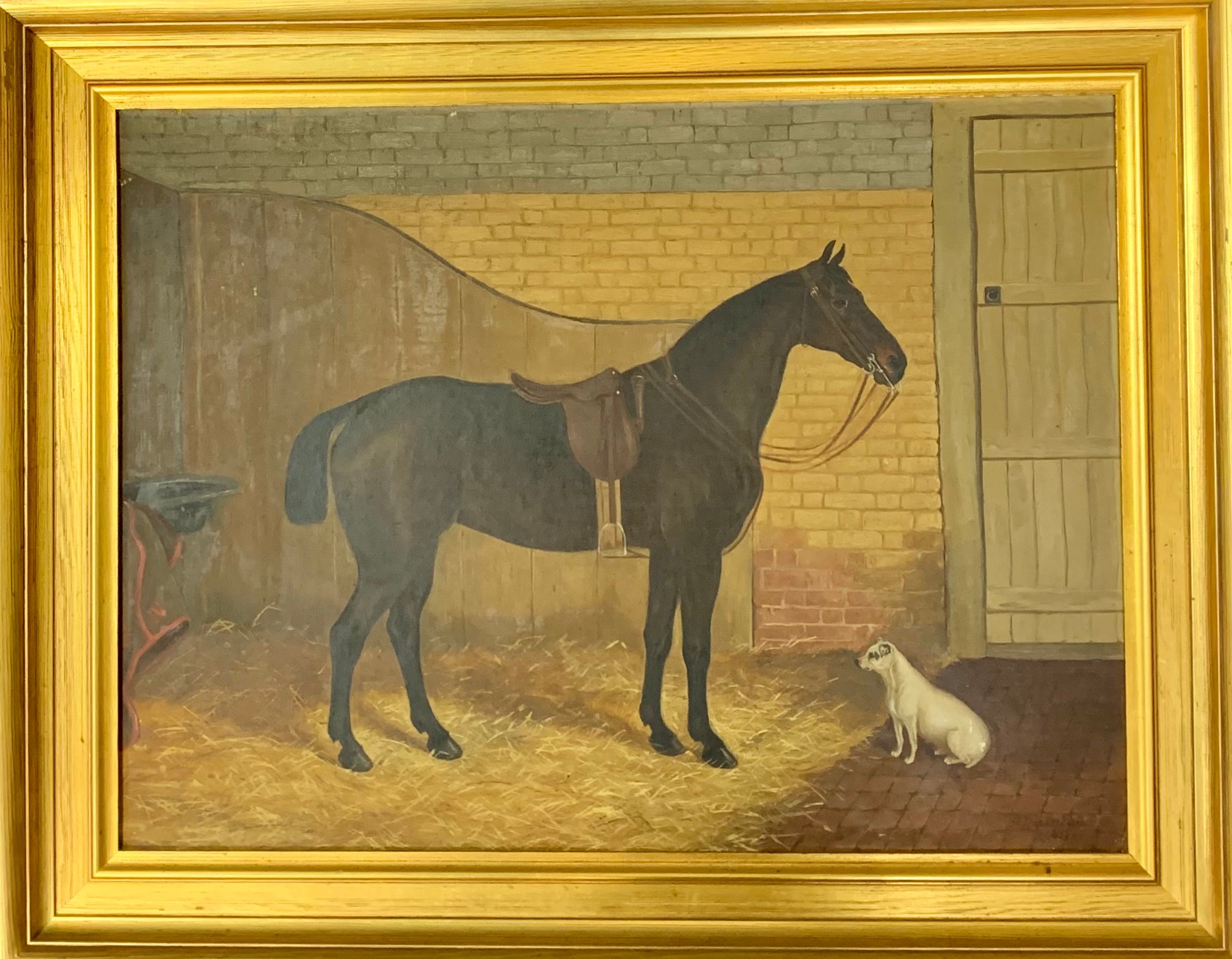 J Quinton (British, 19th Century), Stallion and dog in a stable, oil on canvas. Signed to lower - Image 2 of 10