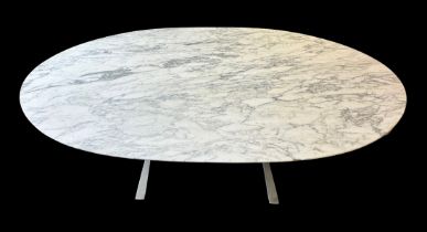 A large Knoll style oval Carrera marble table, on bespoke metal base. 210cmx120cmx73cm.