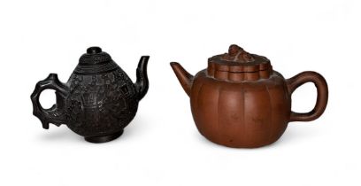 Chinese terracotta round teapot with Dig of Fo lift and loop handle, squat panelled body. Height