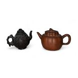 Chinese terracotta round teapot with Dig of Fo lift and loop handle, squat panelled body. Height