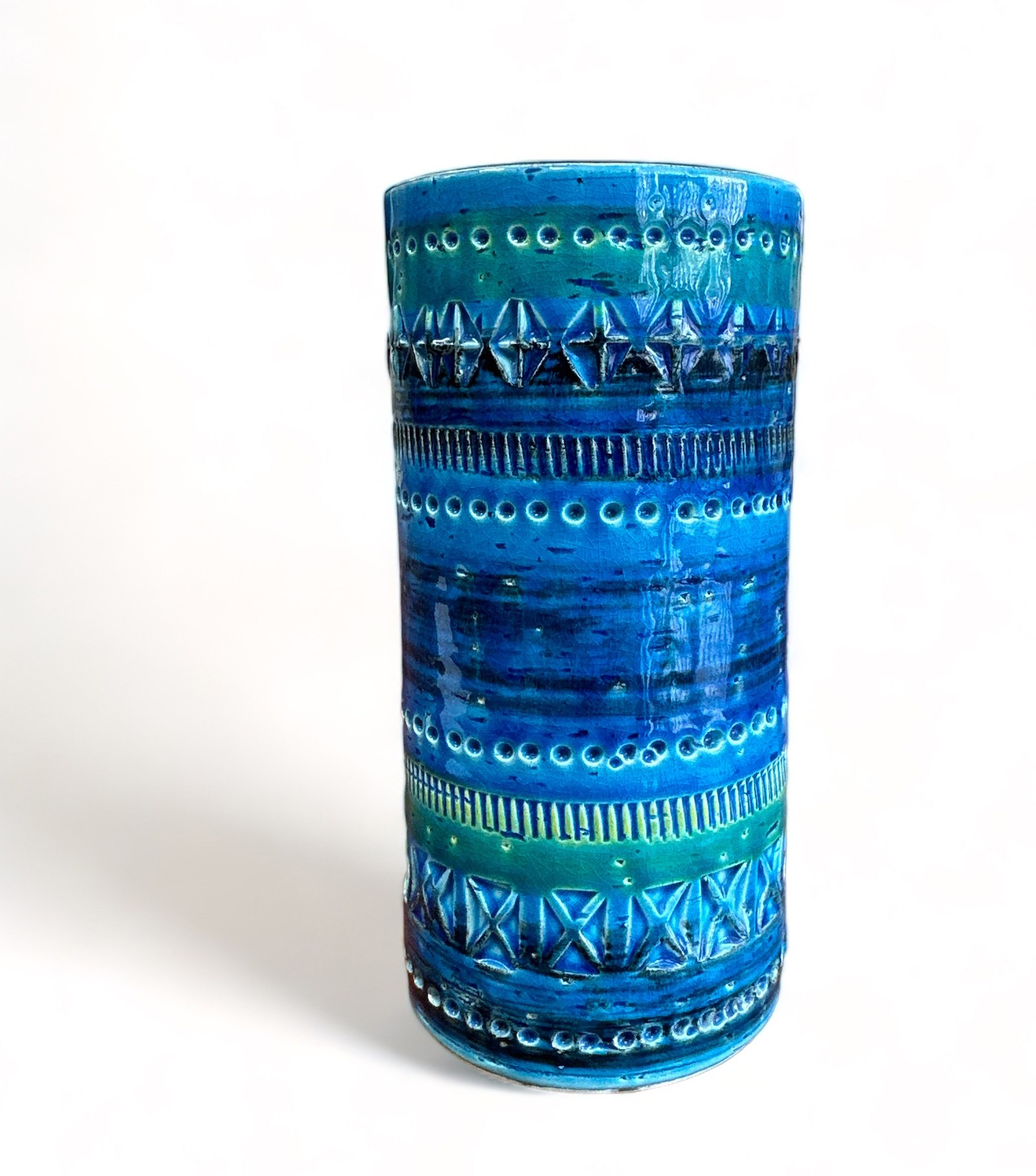 Sardartis Castelsardo, vintage Italian blue studio ceramic vase with banding pattern. Impressed to