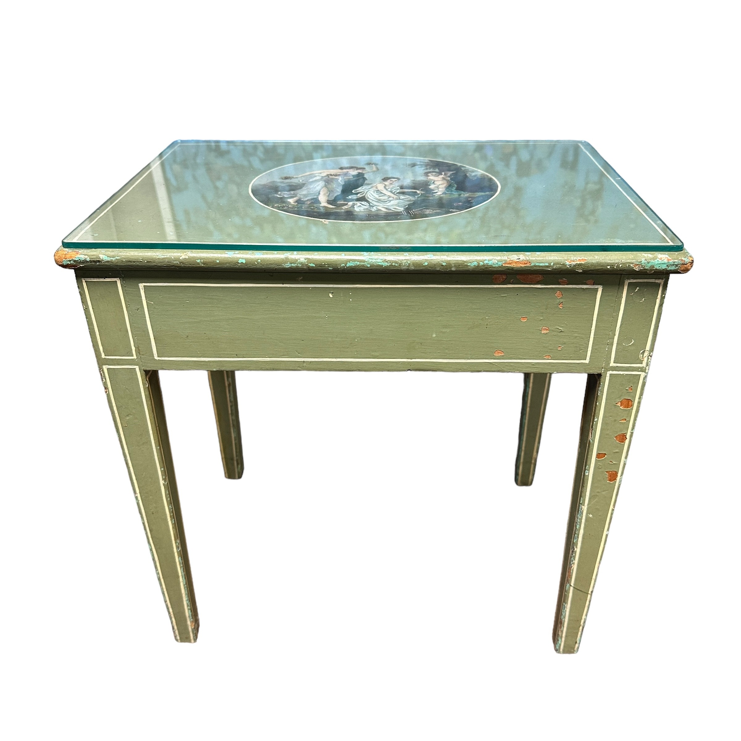 Early 19th Century painted sewing table, formerly with pole screen. 40 x 28 x 40cm.