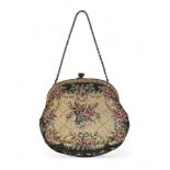 French tapestry purse, ball locking clasp and white metal chain. Width 14cm.