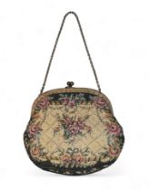 French tapestry purse, ball locking clasp and white metal chain. Width 14cm.