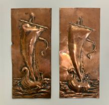 Pair of decorative unsigned copper plaques with external sailing ship design. 23cm x 10.5cm. (2)