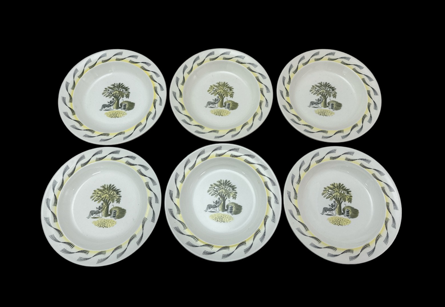 Wedgwood, a set of six Wedgwood bowls 'Garden' designed by Eric Ravilious, printed with a vignette