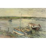 Jack Cox (British, 1914-2007), Moored fishing boats harbour scene oil on board. Signed COX to