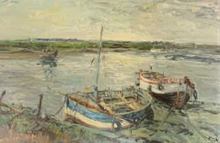 Jack Cox (British, 1914-2007), Moored fishing boats harbour scene oil on board. Signed COX to