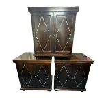 Three stylish chrome inlayed wooden cabinets, all lockable two door cabinets with one internal