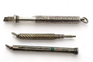 Three pencils / pencil holders. An S. Mordan and Co pencil holder with green cabochon push button, a