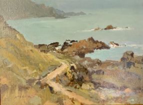 Edward Wesson (British, 1910-1983), The Rocky Coast, oil on board. Signed Wesson to lower left,